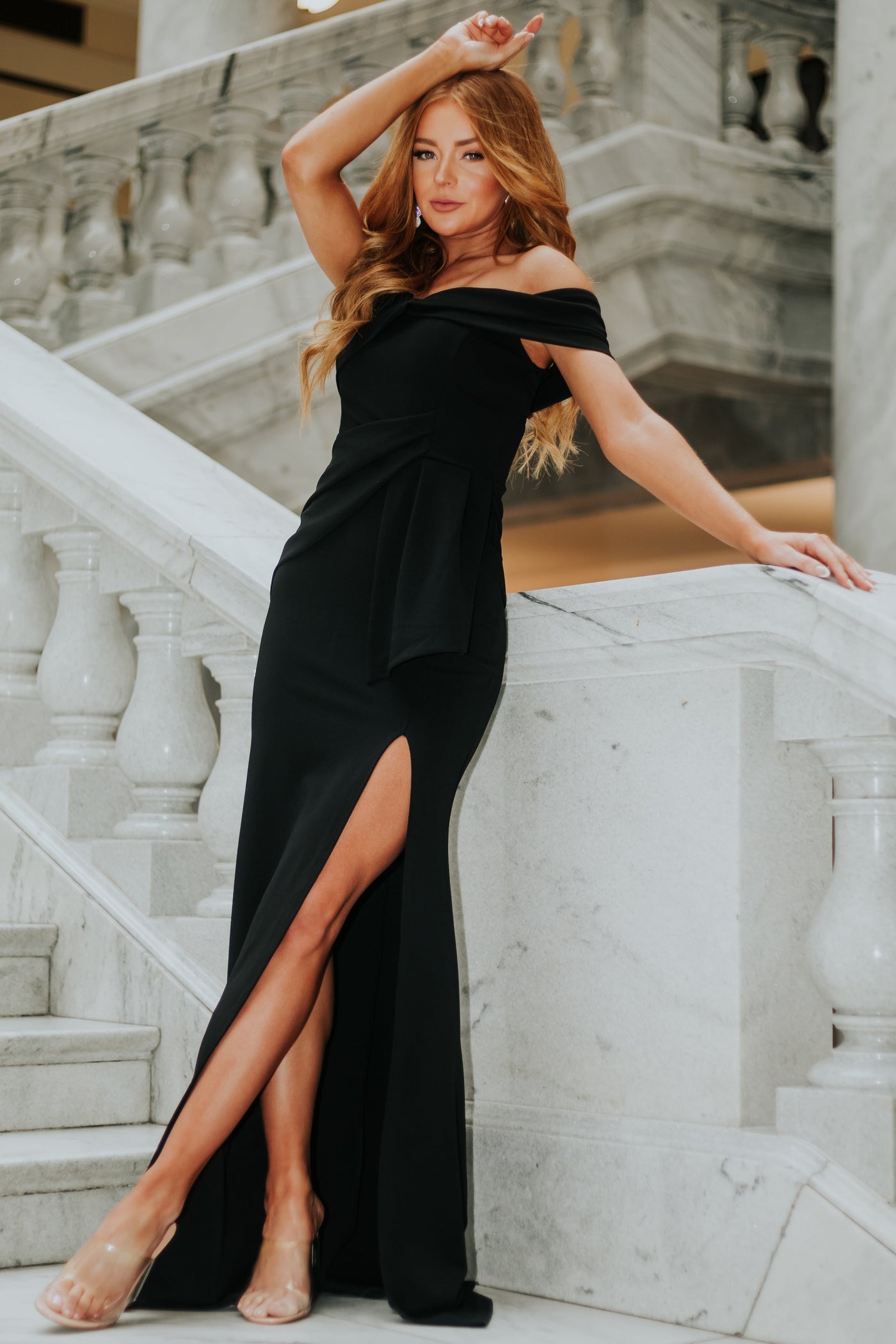 Black Off Shoulder Side Slit Maxi Dress