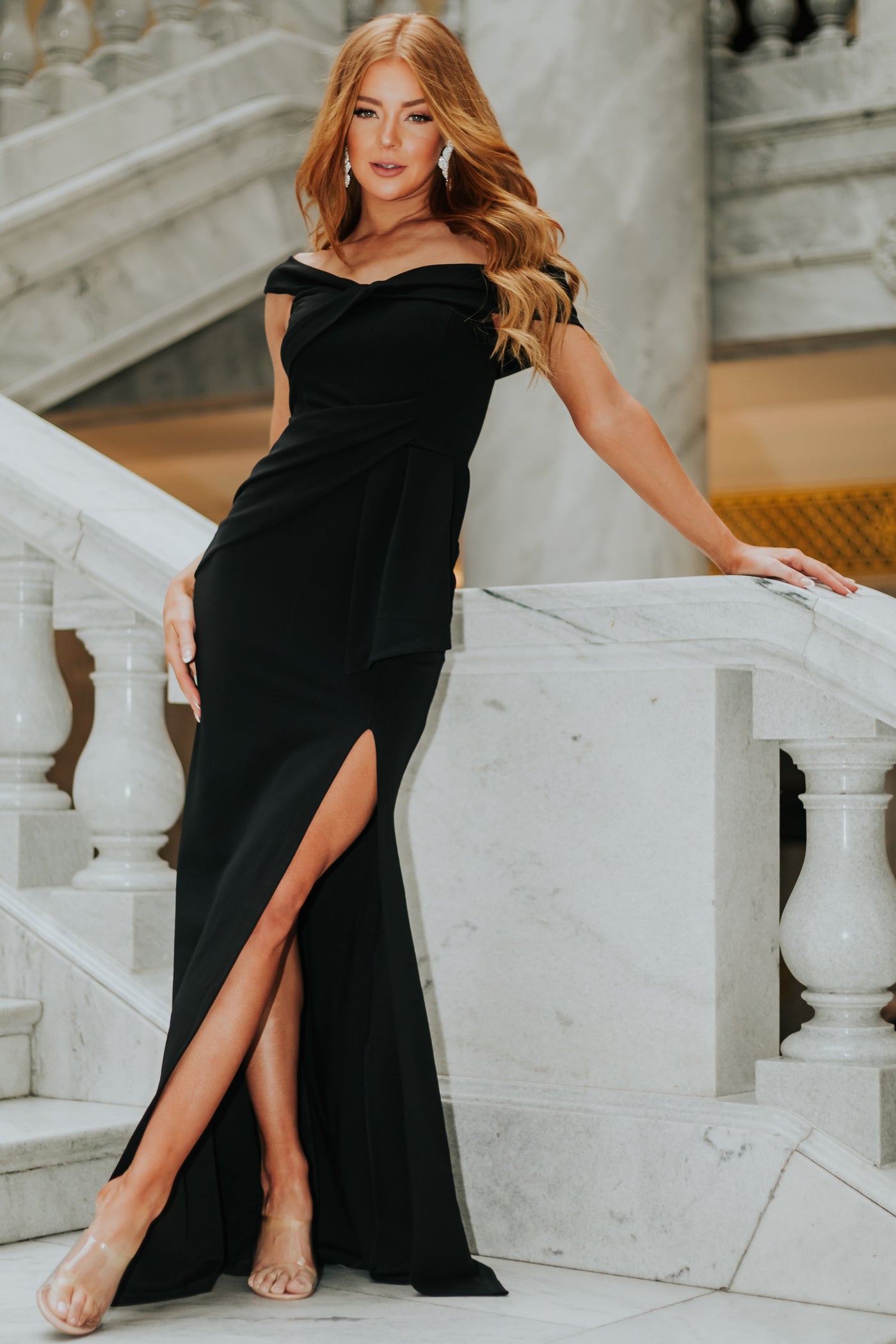 Black Off Shoulder Side Slit Maxi Dress