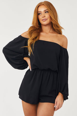 Black Off the Shoulder Bubble Sleeve Romper