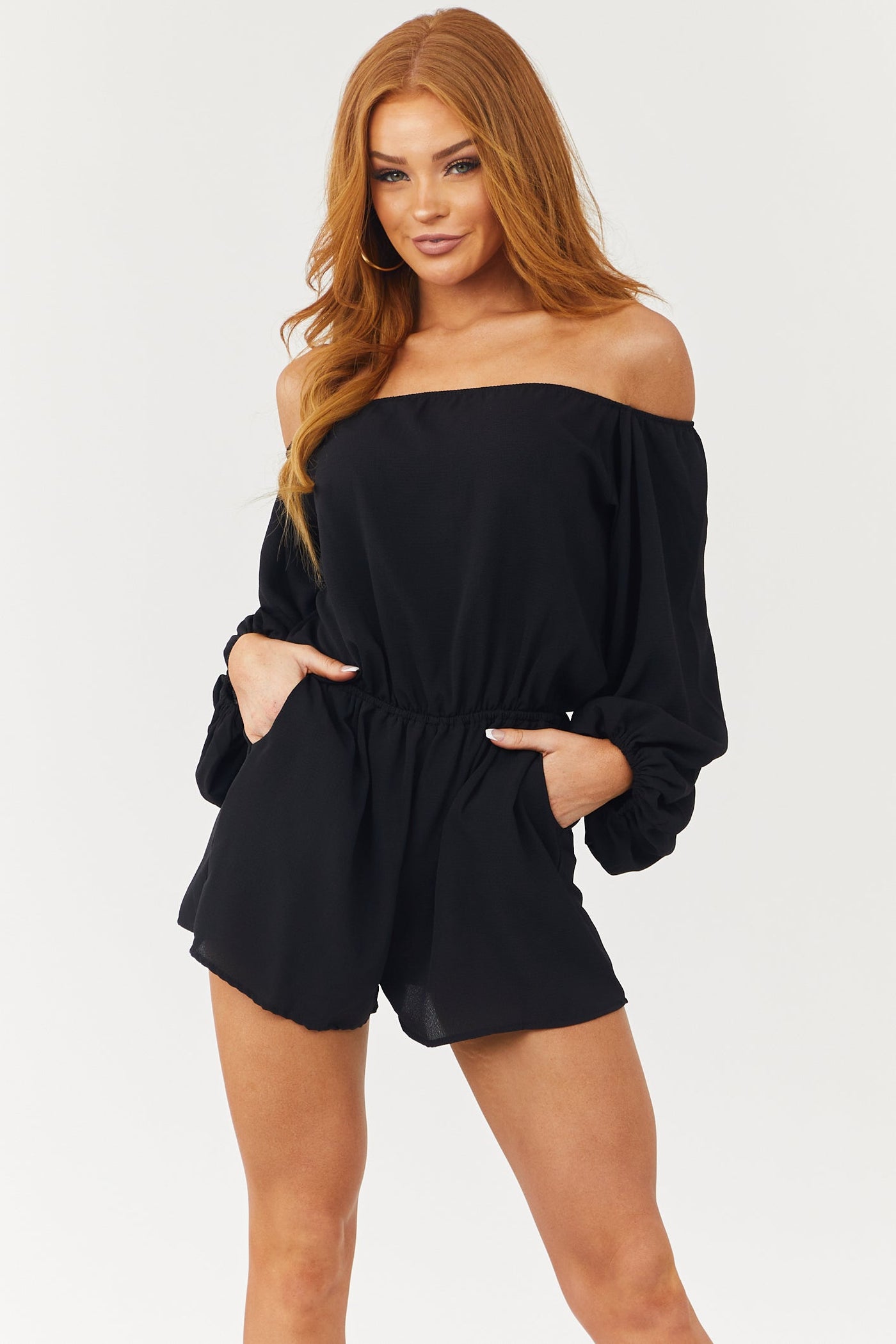 Black Off the Shoulder Bubble Sleeve Romper