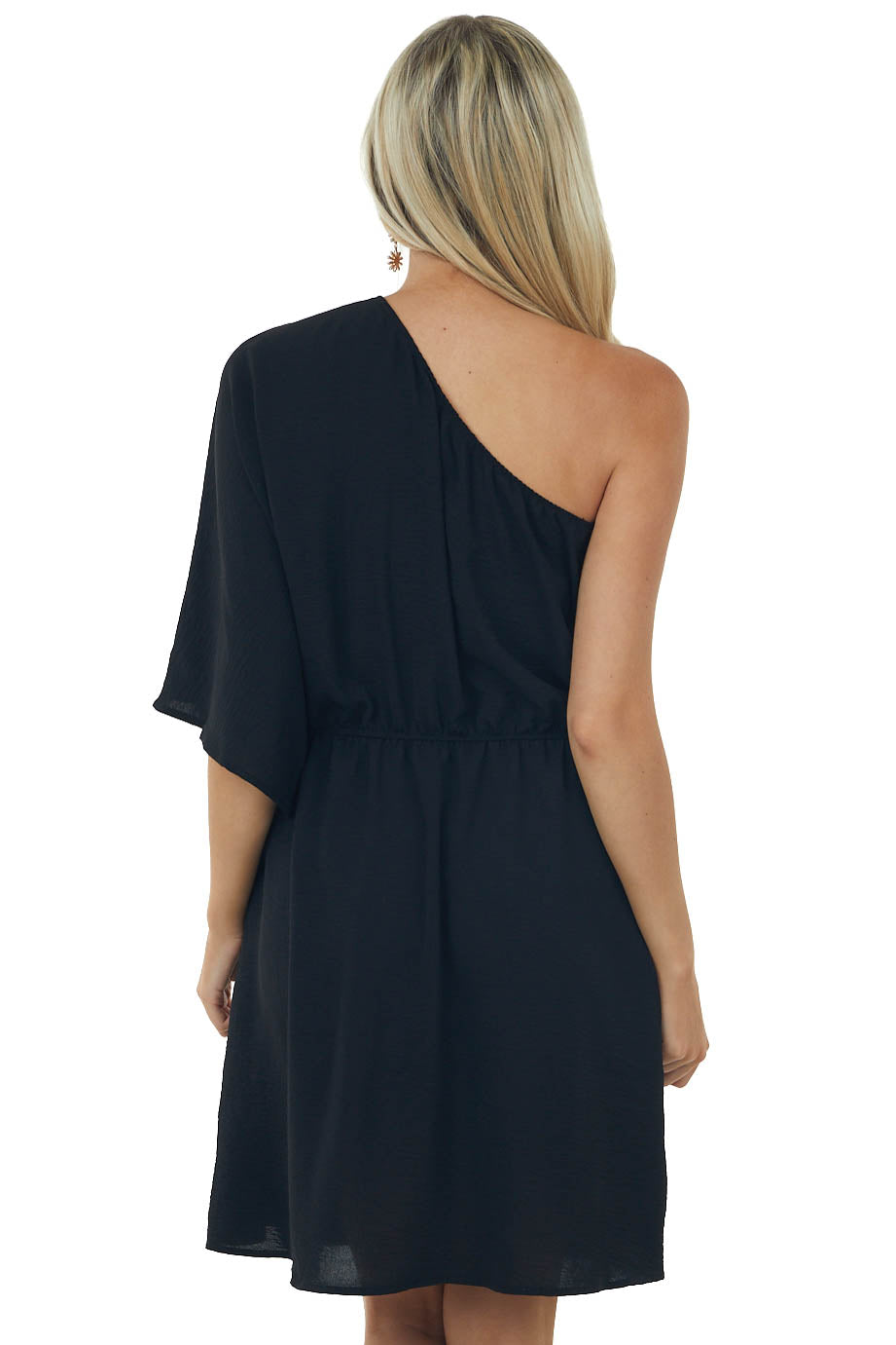 Black One Shoulder Blouson Pocket Dress