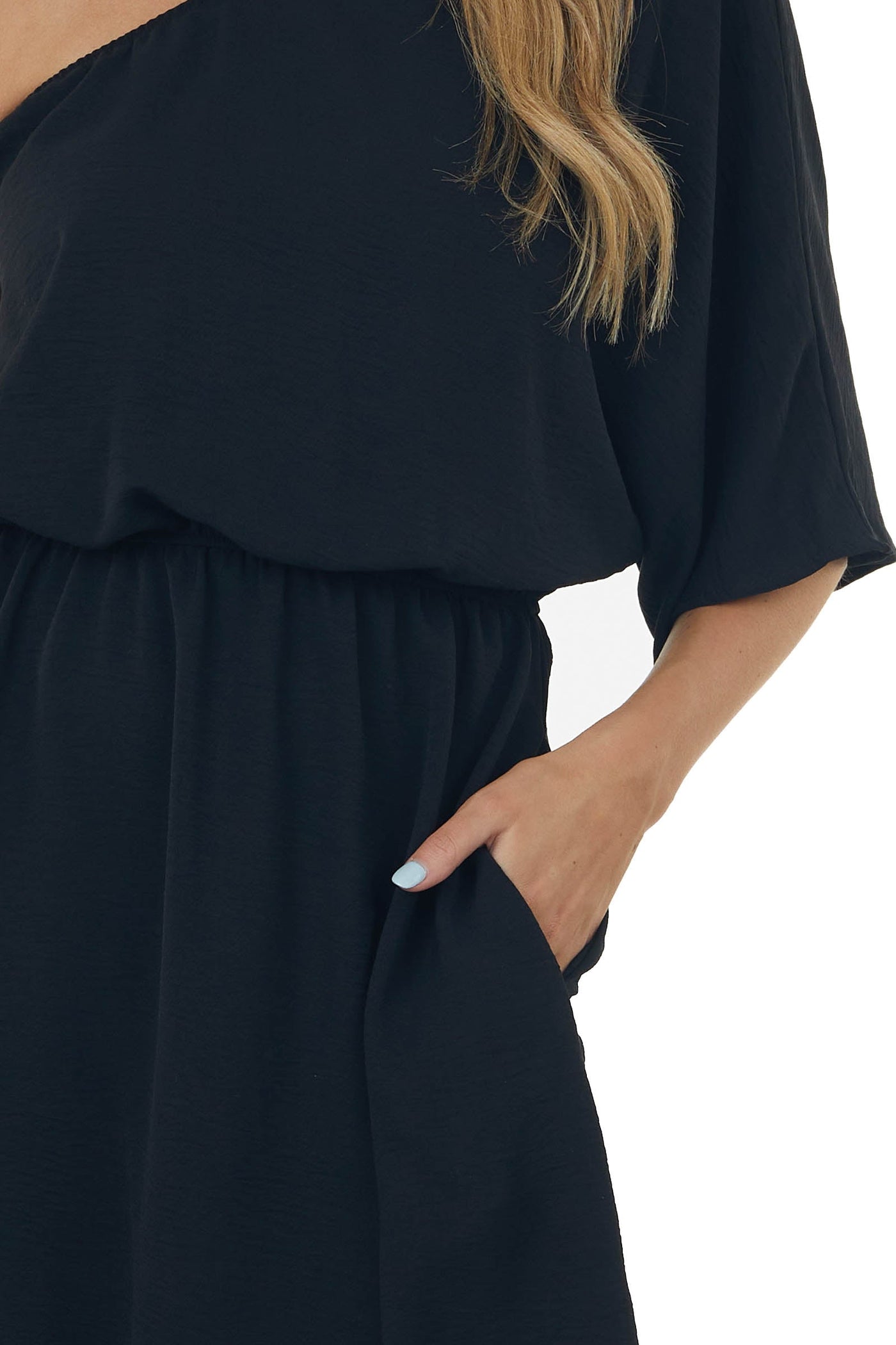 Black One Shoulder Blouson Pocket Dress