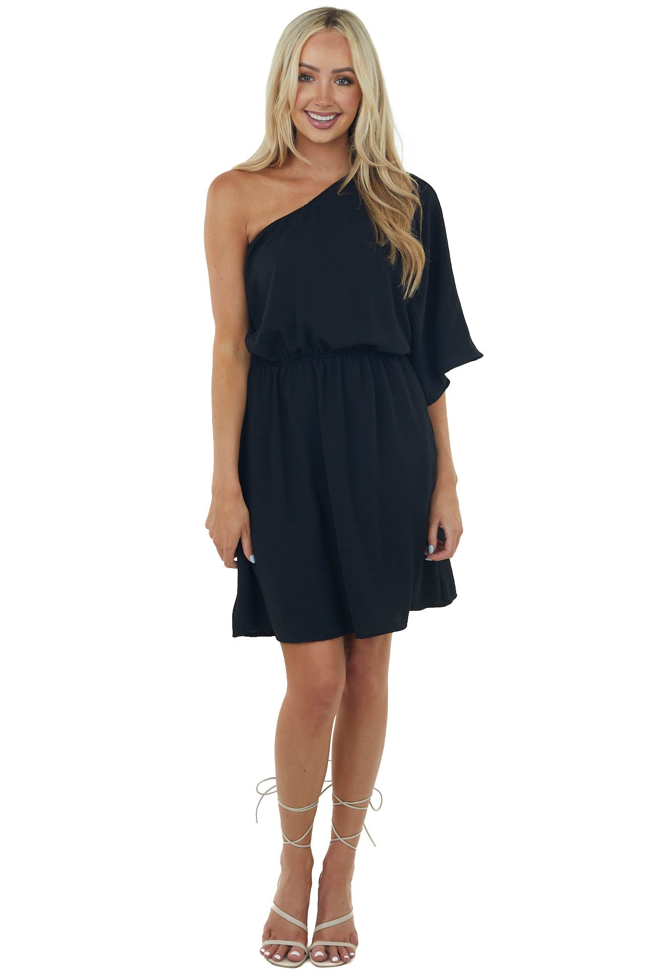 Black One Shoulder Blouson Pocket Dress