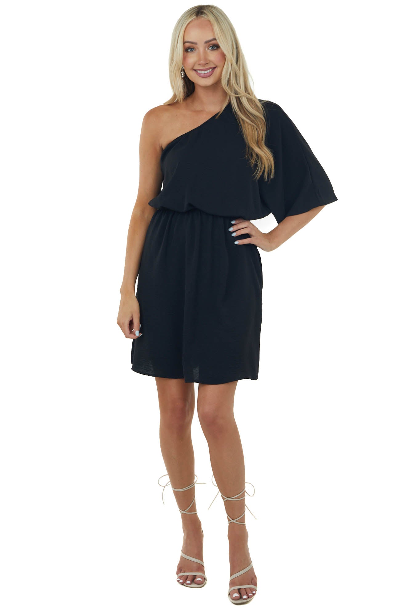 Black One Shoulder Blouson Pocket Dress