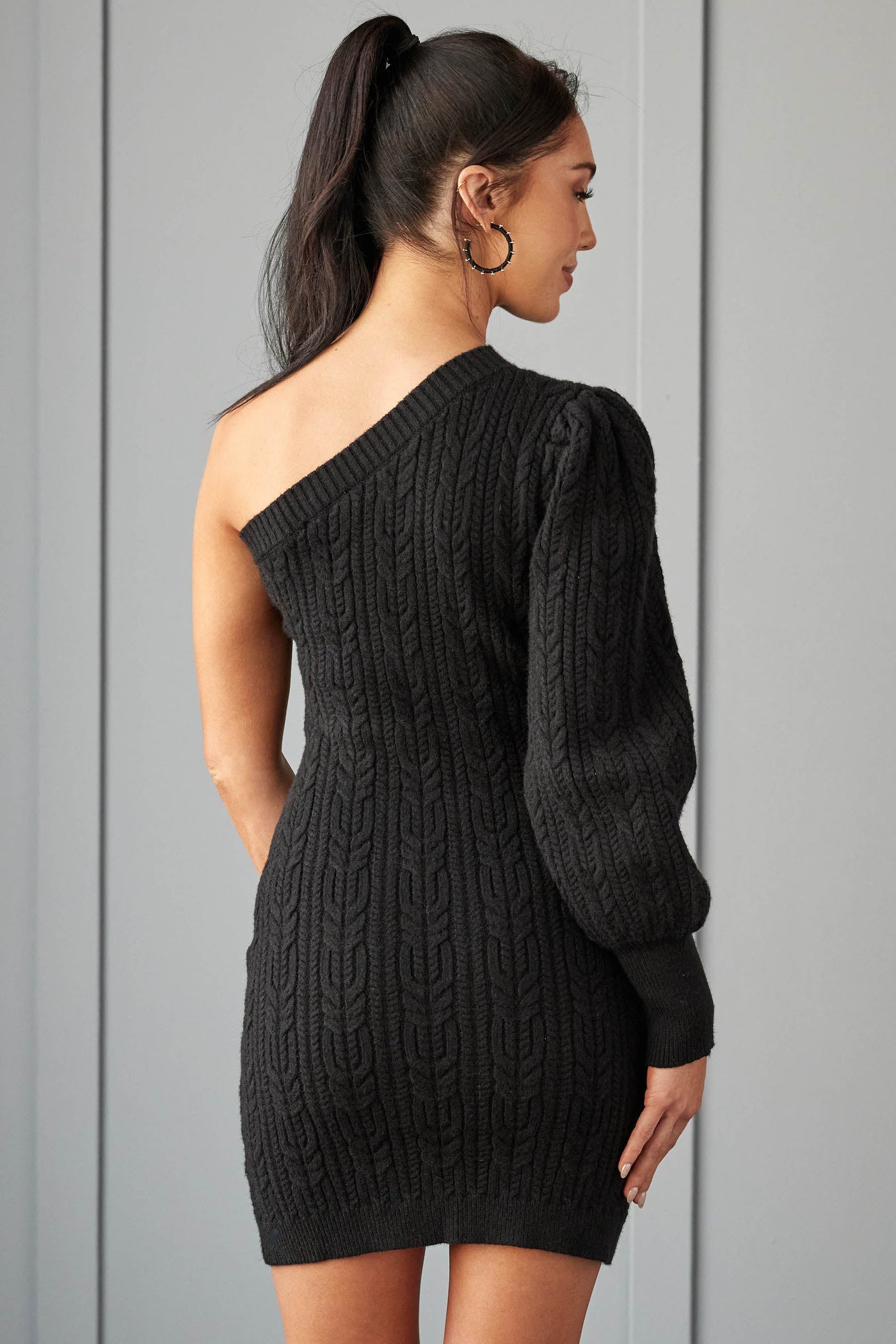 Black One Shoulder Cable Knit Short Dress