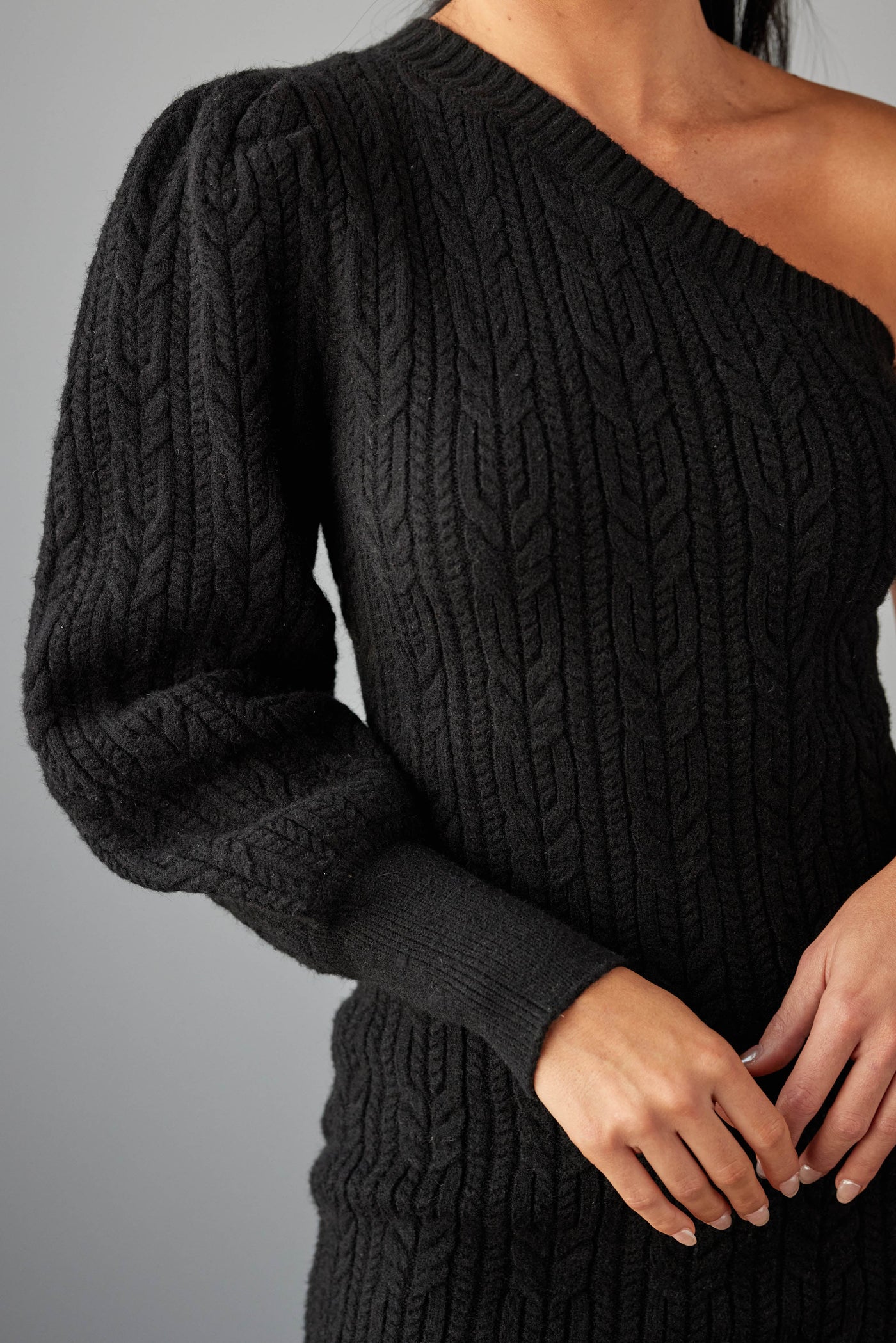 Black One Shoulder Cable Knit Short Dress