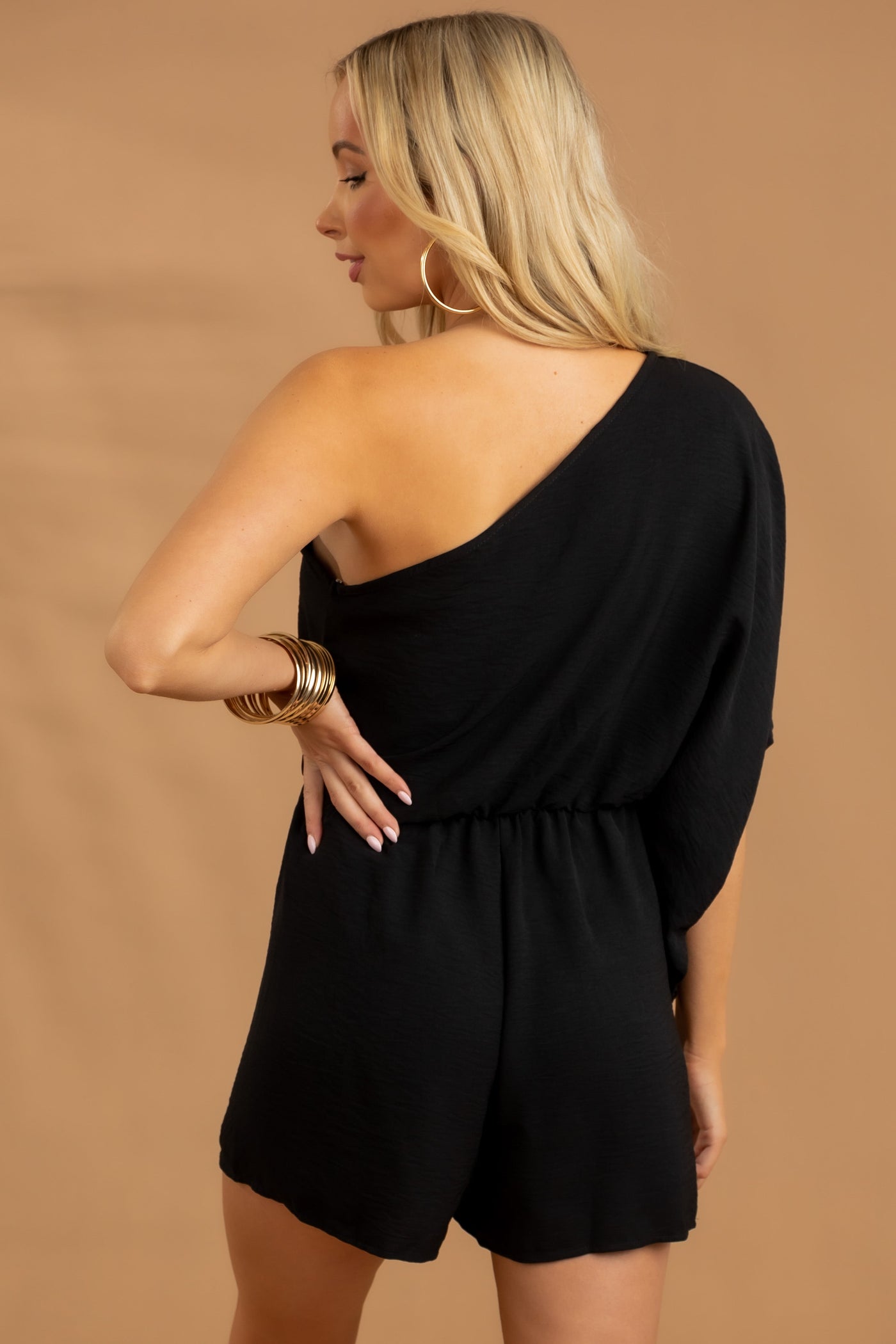 Black One Shoulder Elastic Waistline Woven Romper