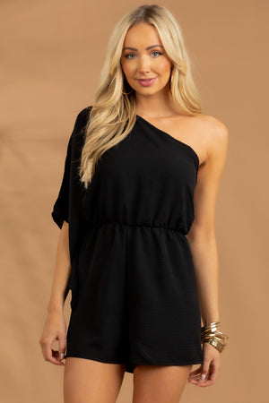 Black One Shoulder Elastic Waistline Woven Romper
