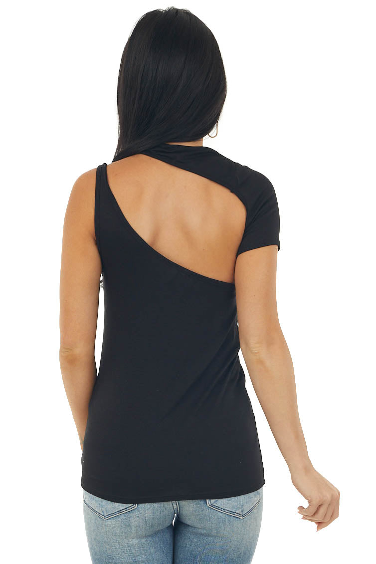 Black One Shoulder Knit Top with Cutout Detail