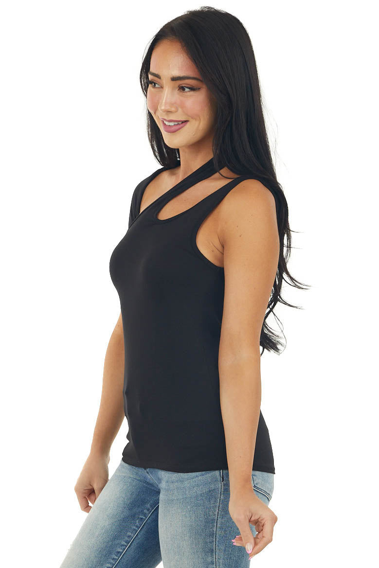 Black One Shoulder Knit Top with Cutout Detail