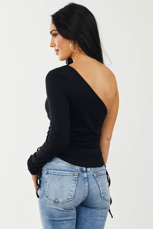 Black One Shoulder Knit Top with Ruched Sides