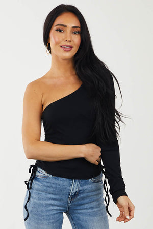 Black One Shoulder Knit Top with Ruched Sides