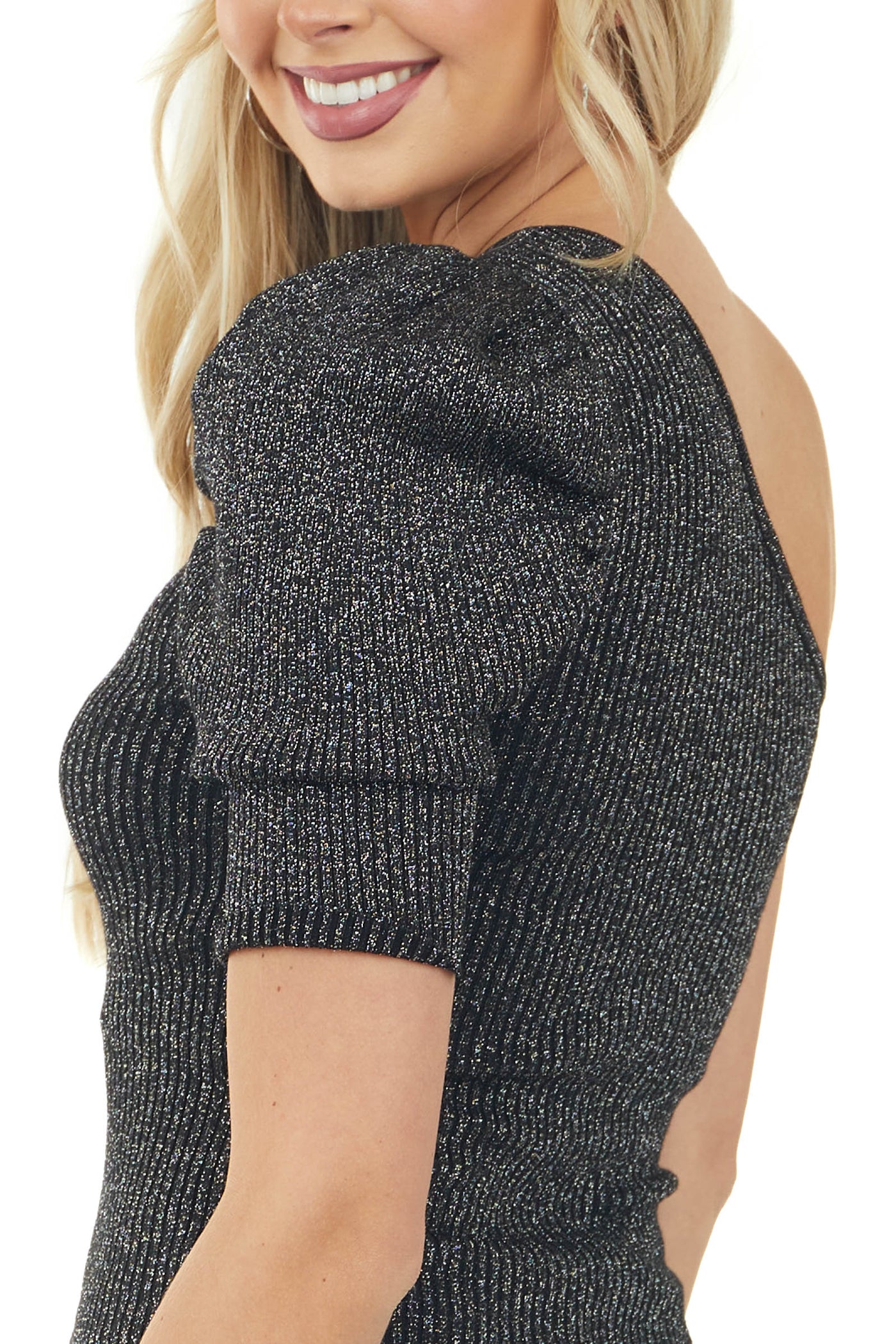 Black One Shoulder Metallic Threading Detail Top