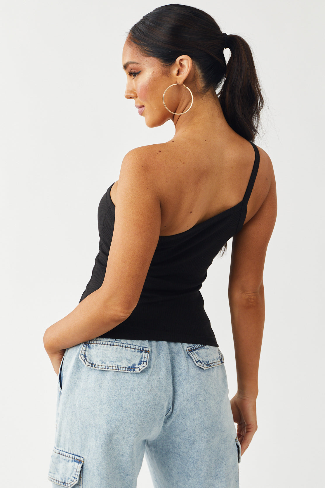 Black One Shoulder Ribbed Knit Tank Top