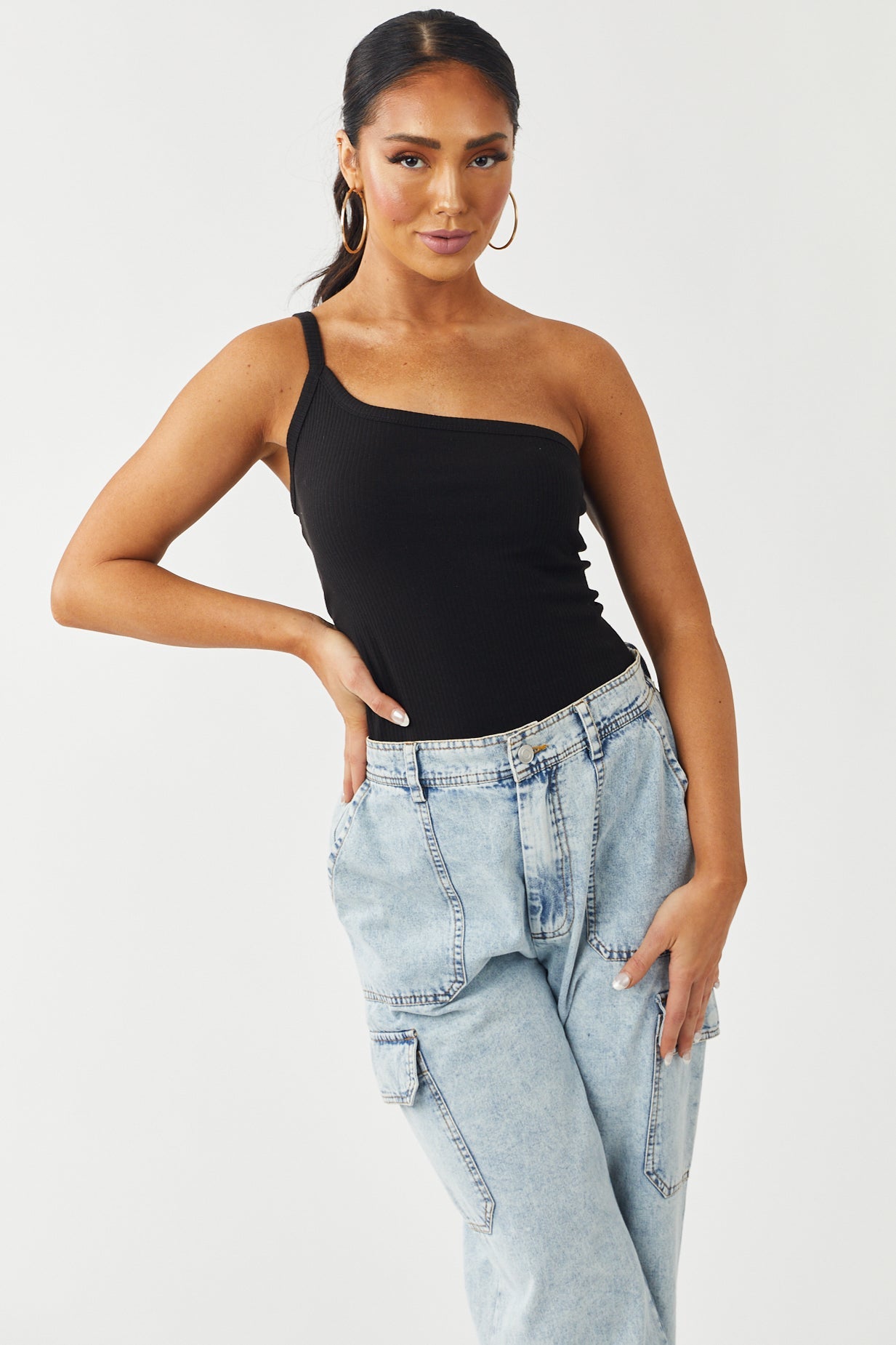 Black One Shoulder Ribbed Knit Tank Top