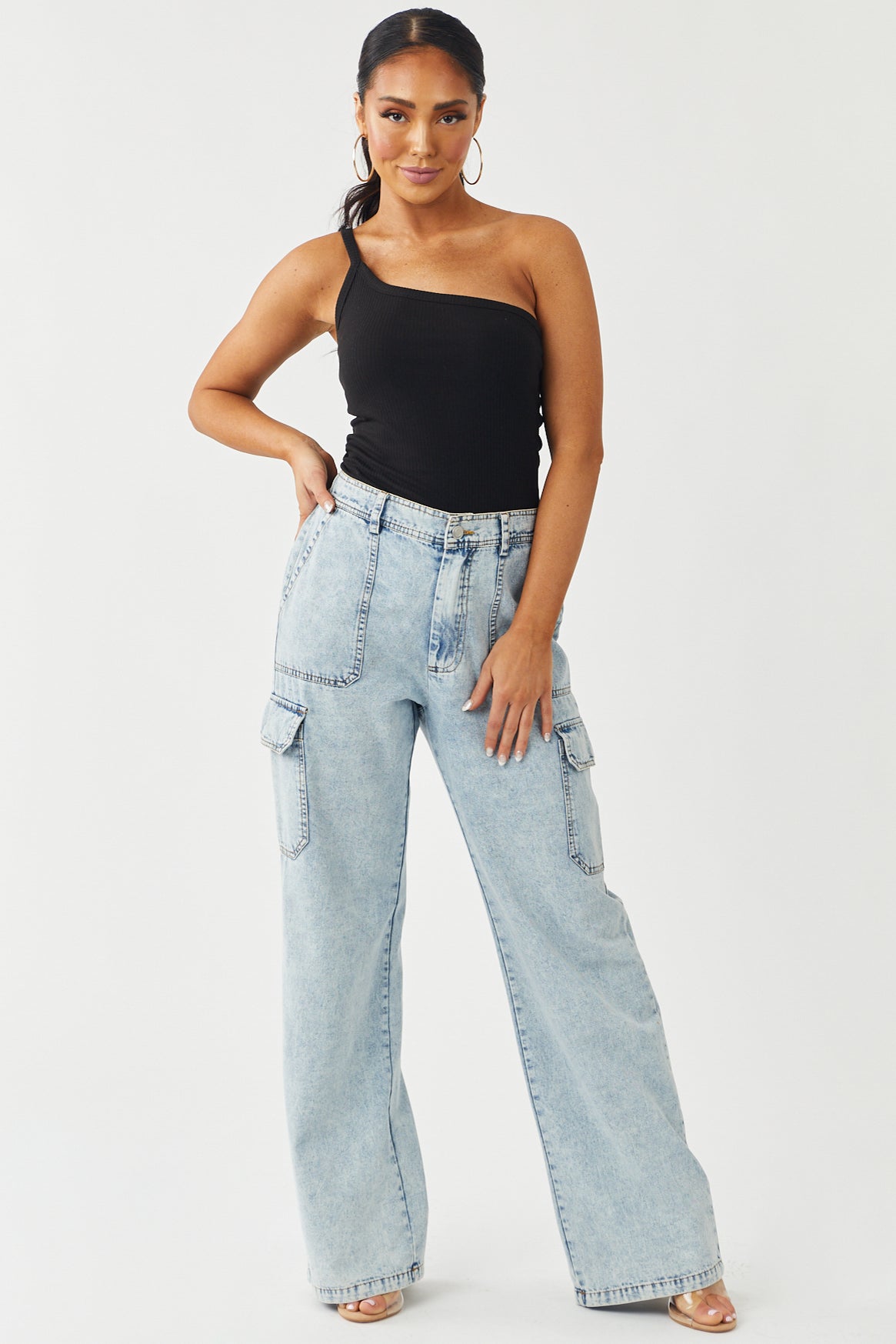 Black One Shoulder Ribbed Knit Tank Top