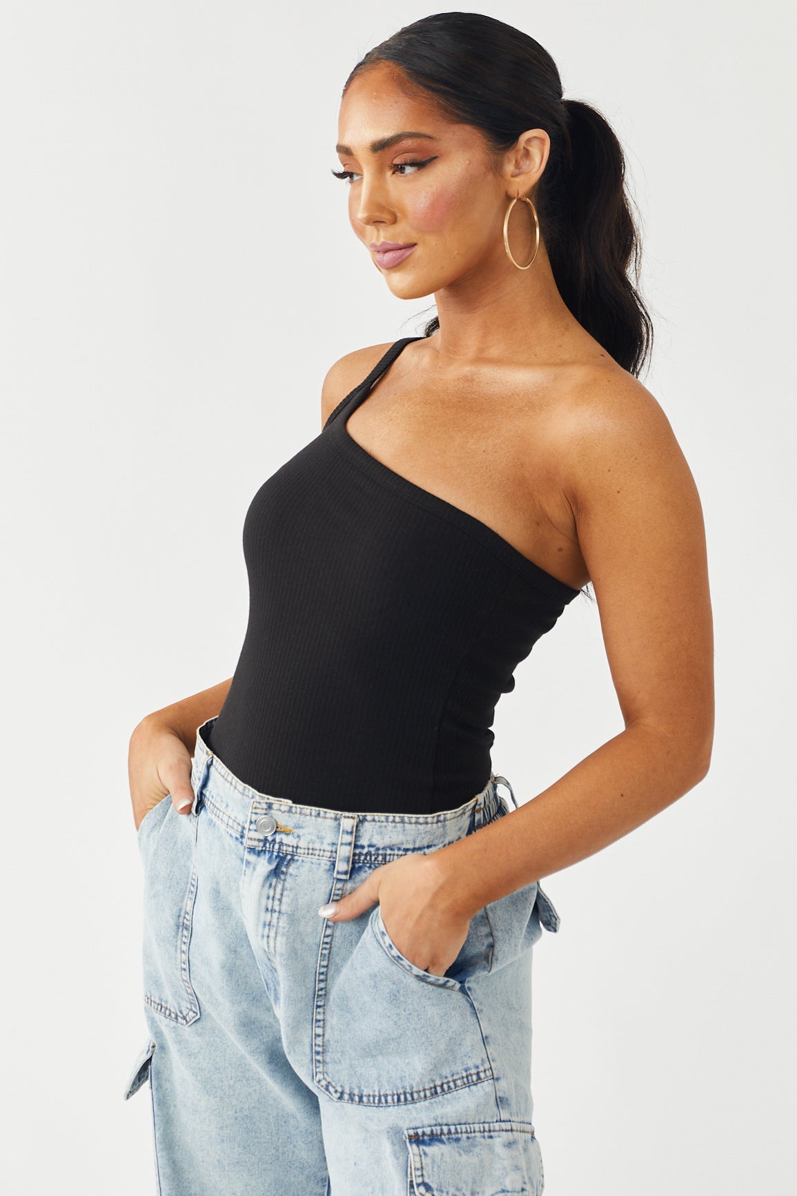 Black One Shoulder Ribbed Knit Tank Top