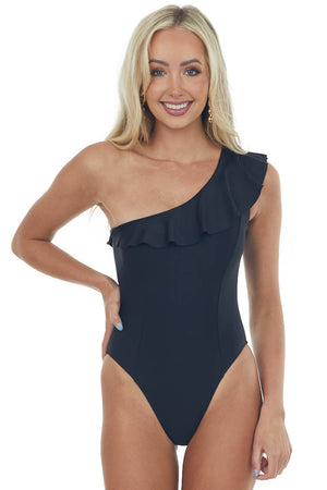 Black One Shoulder Ruffle Solid Swimsuit