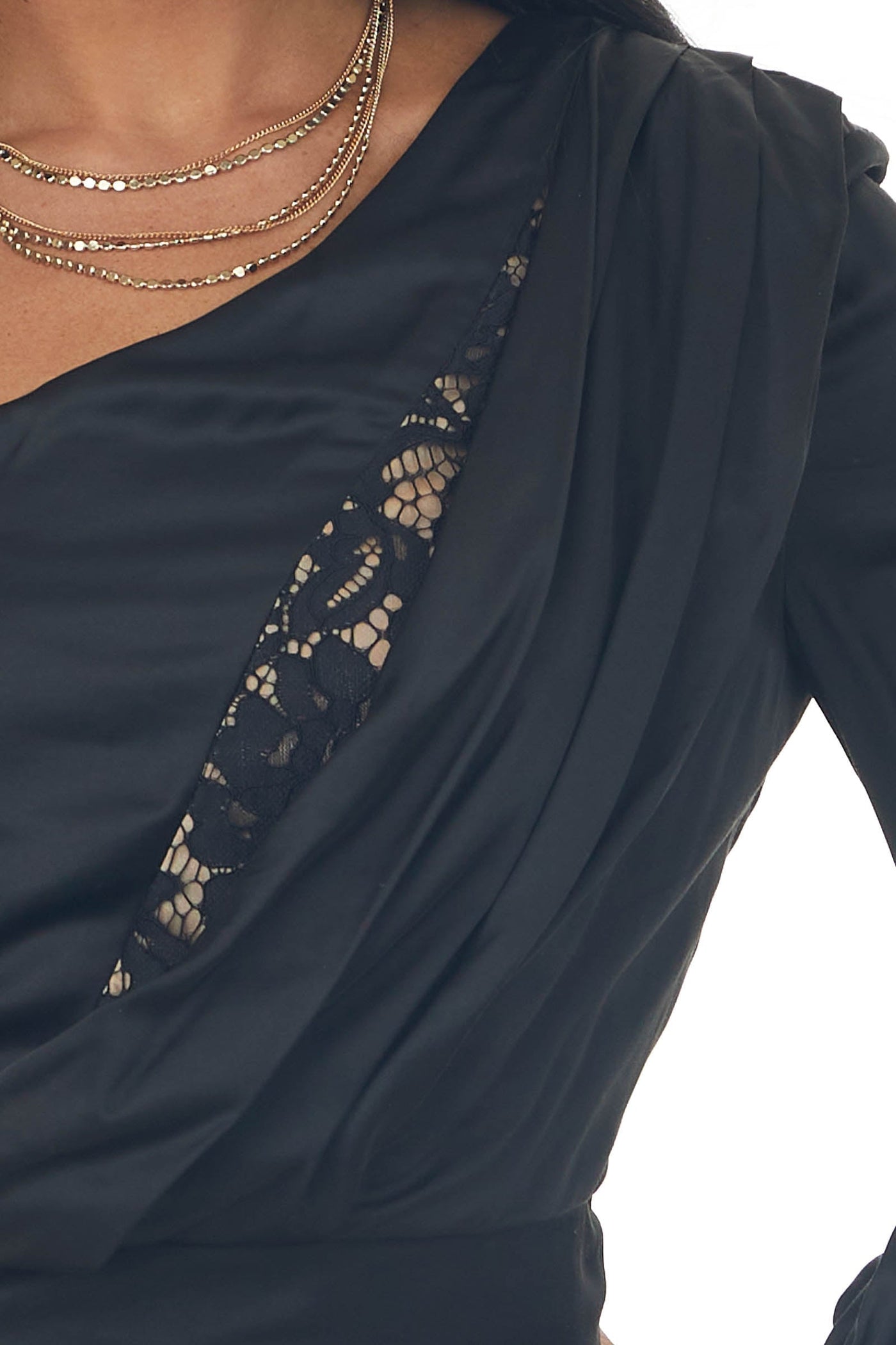 Black One Shoulder Satin Crop Blouse with Lace