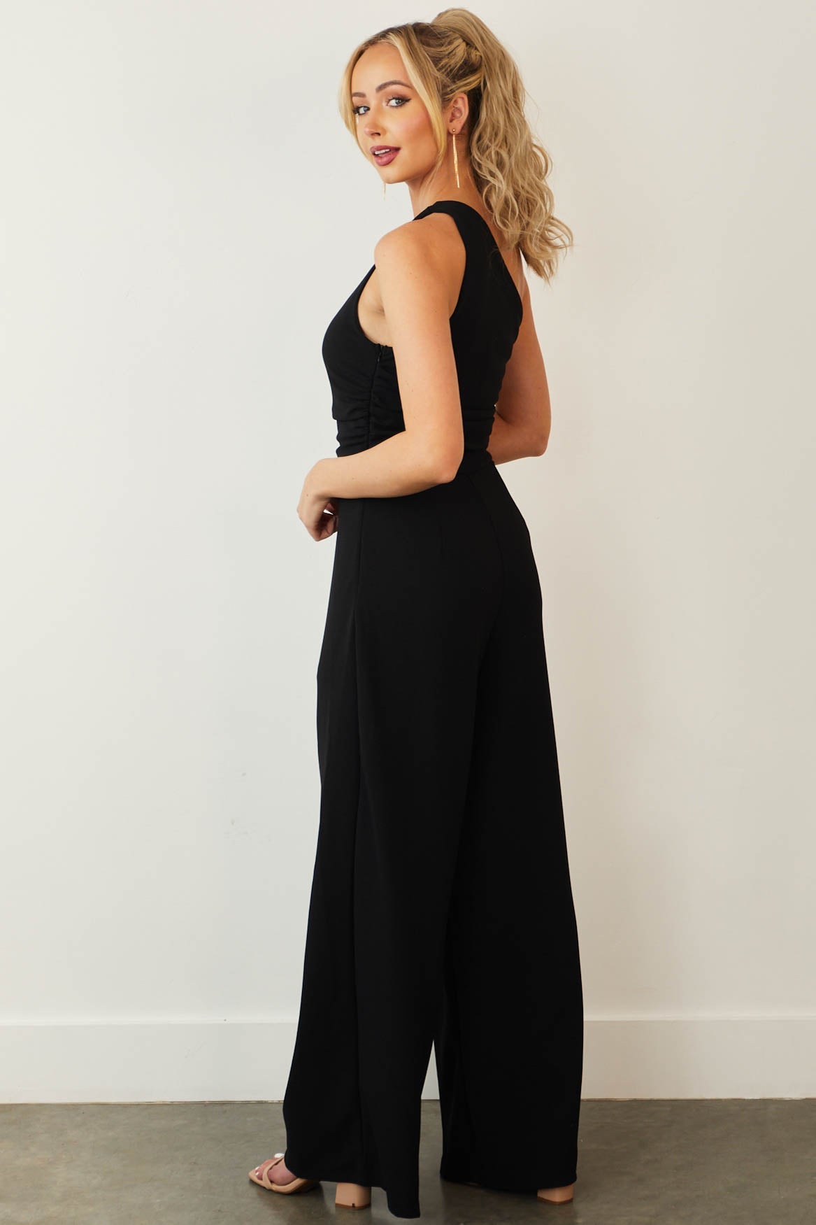Black One Shoulder Sleeveless Wide Leg Jumpsuit