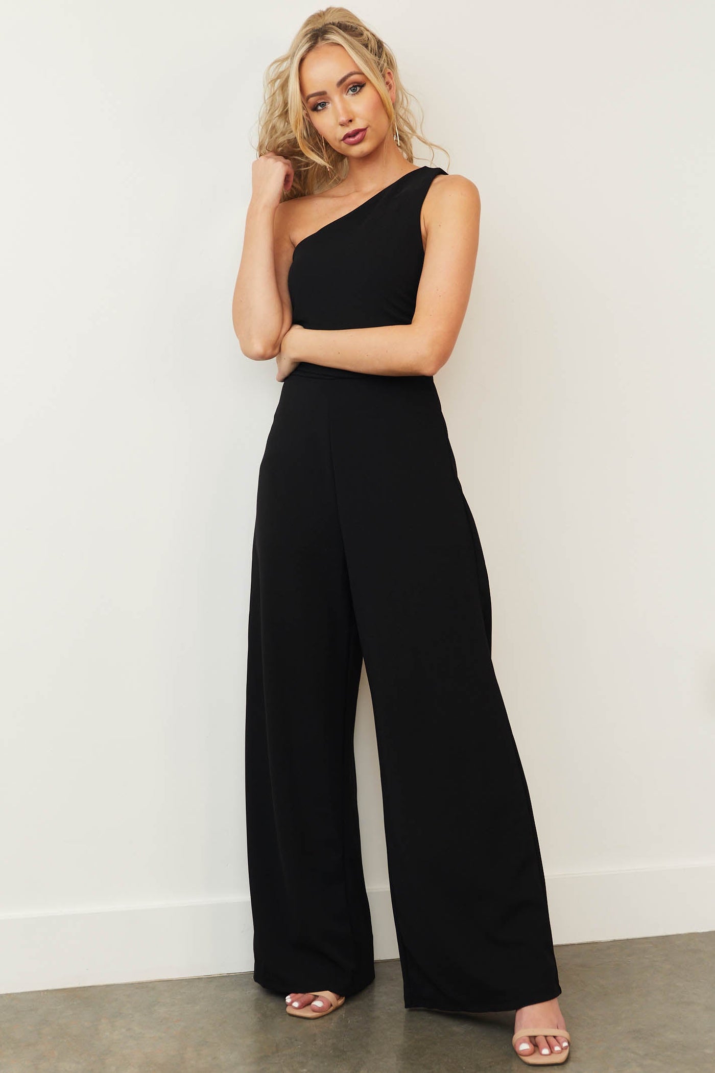 Black One Shoulder Sleeveless Wide Leg Jumpsuit
