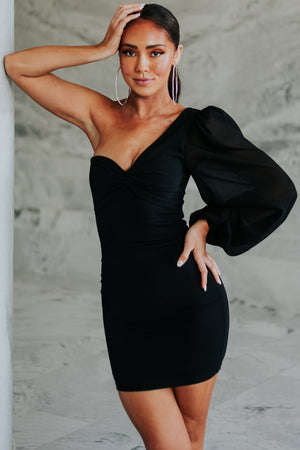 Black One Shoulder Twist Detail Bodycon Dress