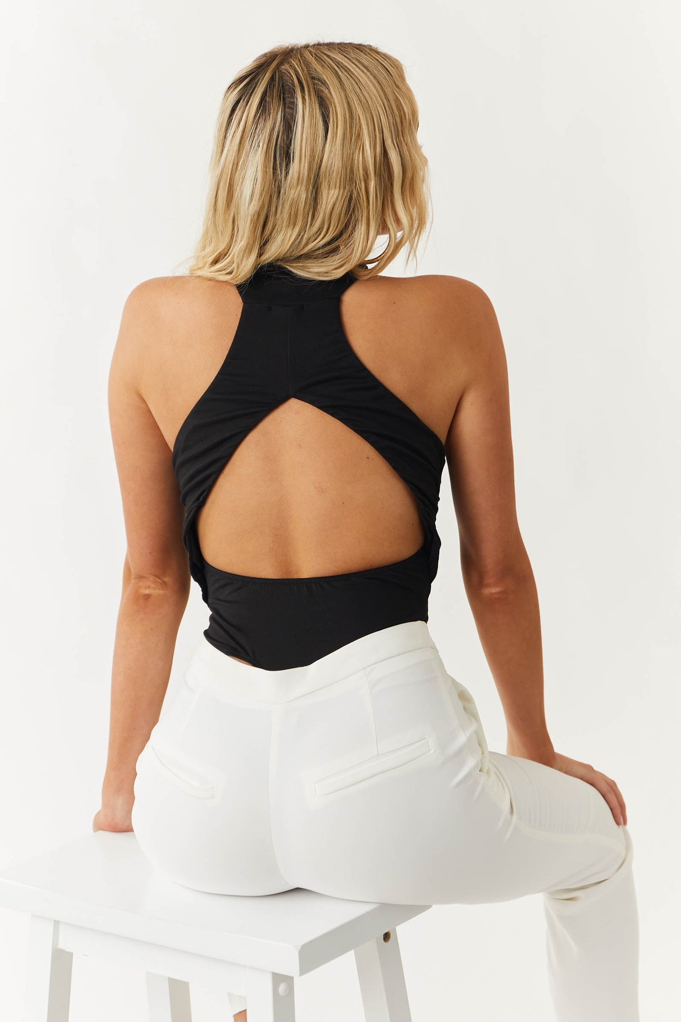 Black Open Back Mock Neck Knit Bodysuit