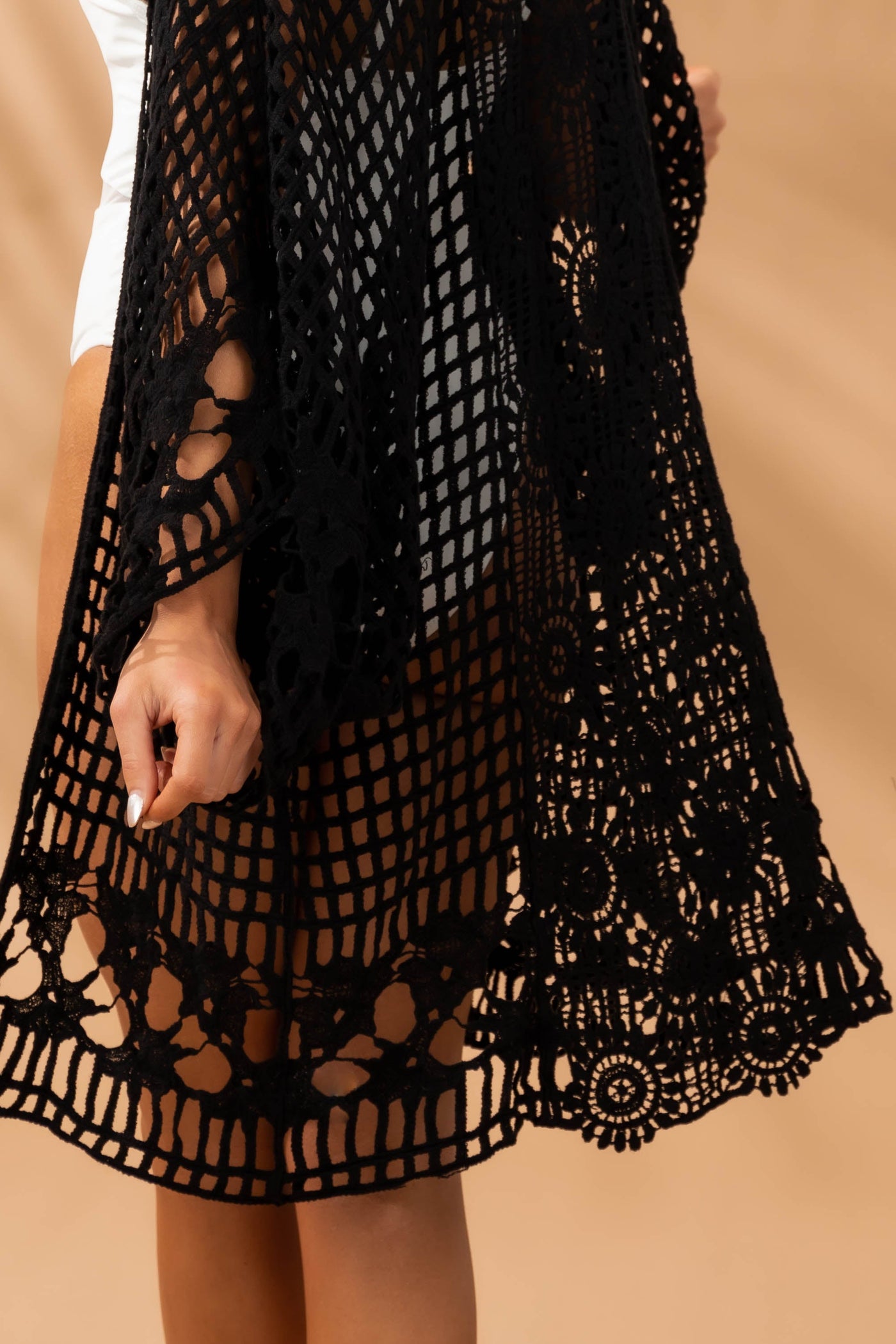 Black Open Front Crochet Lace Cover Up