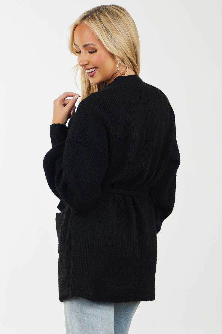 Black Open Front Long Bubble Sleeve Cardigan