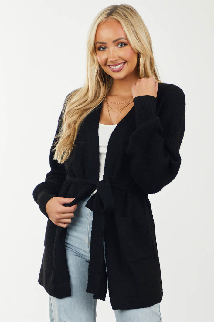 Black Open Front Long Bubble Sleeve Cardigan