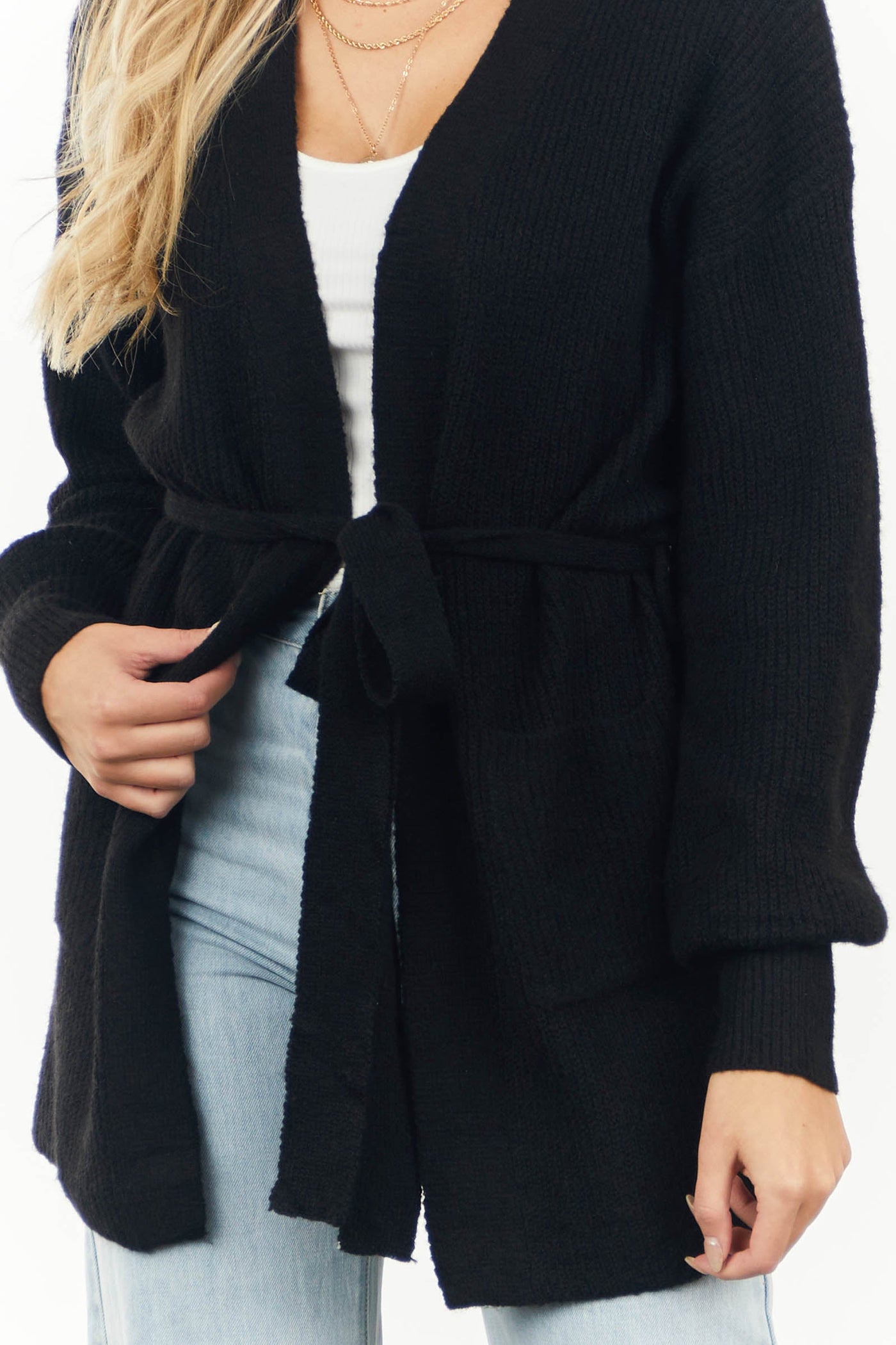 Black Open Front Long Bubble Sleeve Cardigan