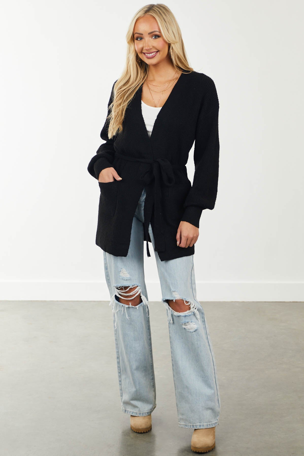 Black Open Front Long Bubble Sleeve Cardigan