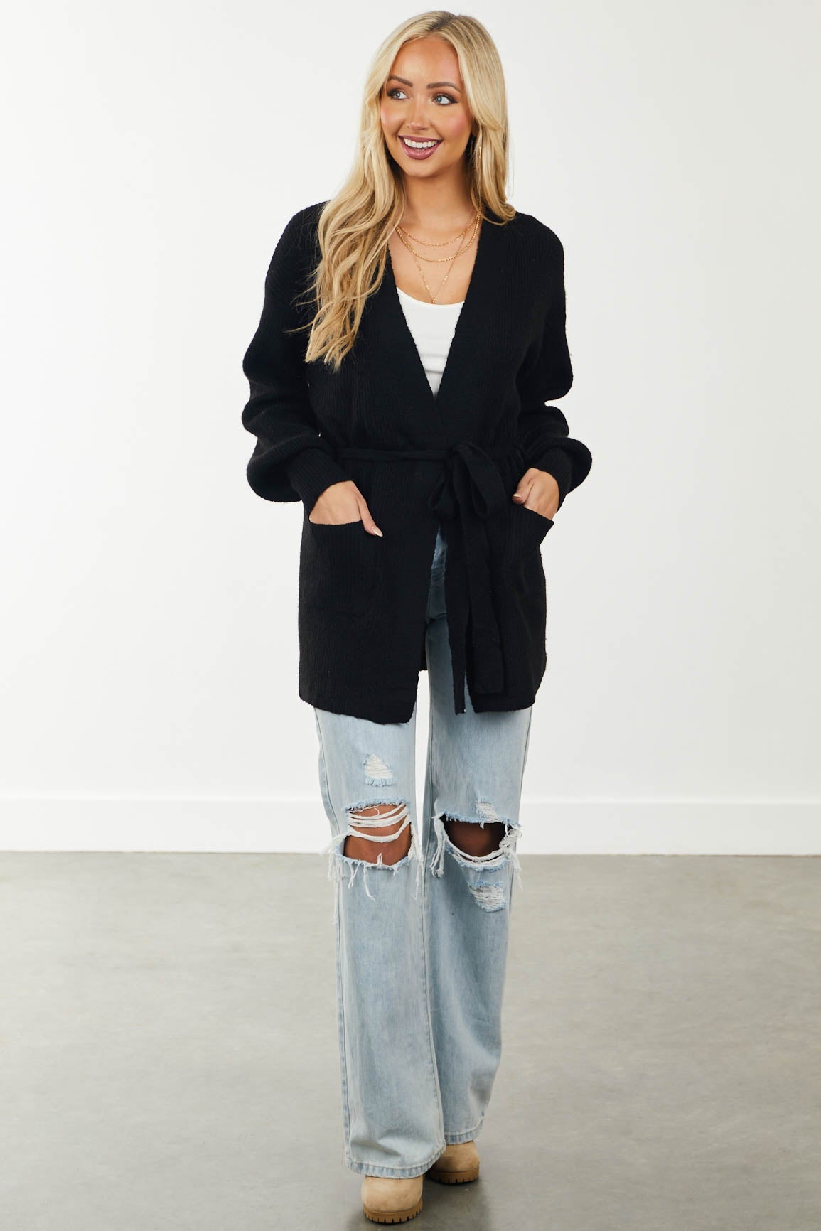 Black Open Front Long Bubble Sleeve Cardigan