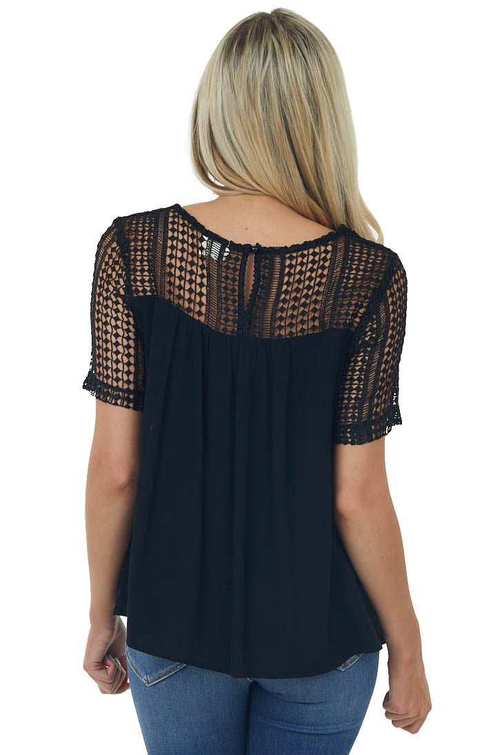 Black Open Lace Contrast Short Sleeve Blouse