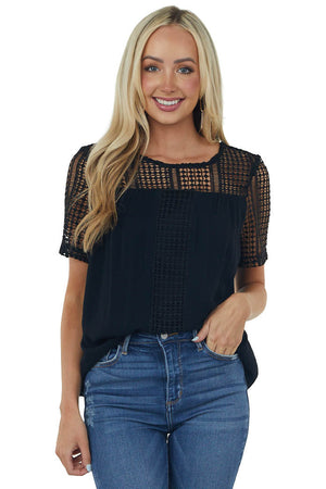 Black Open Lace Contrast Short Sleeve Blouse