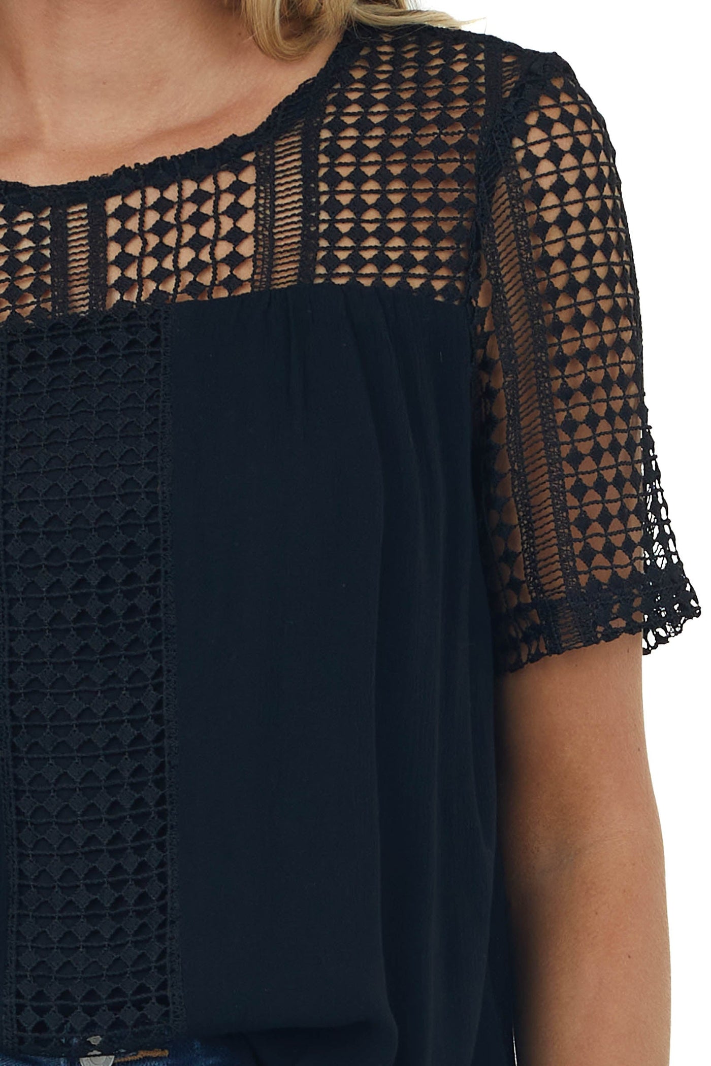 Black Open Lace Contrast Short Sleeve Blouse
