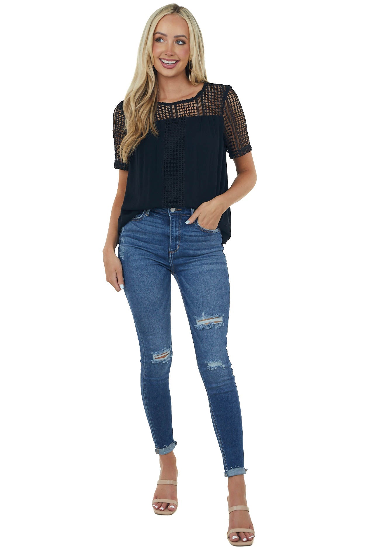 Black Open Lace Contrast Short Sleeve Blouse