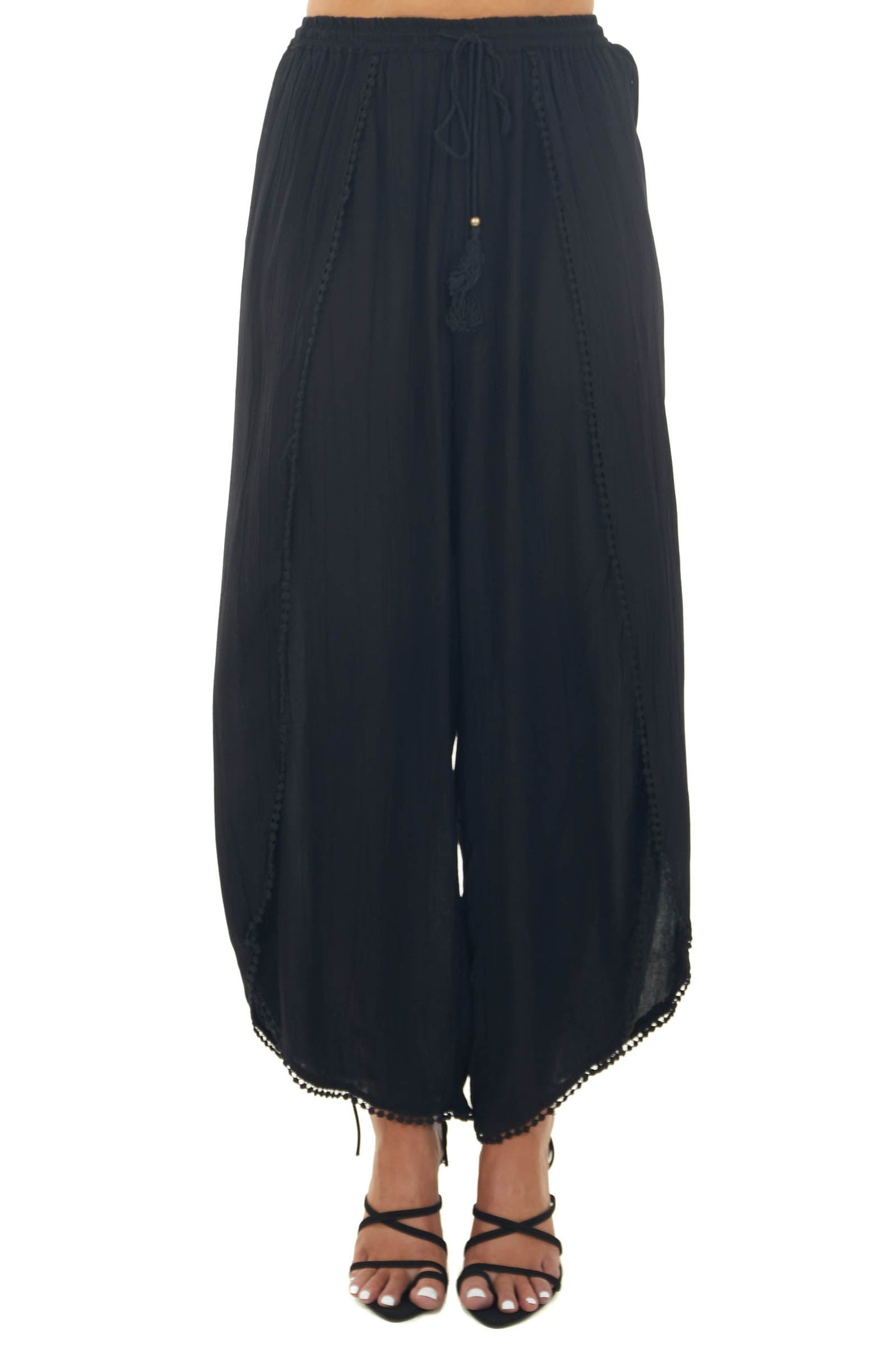 Black Open Leg Wrap Pants with Tassel and Lace Details