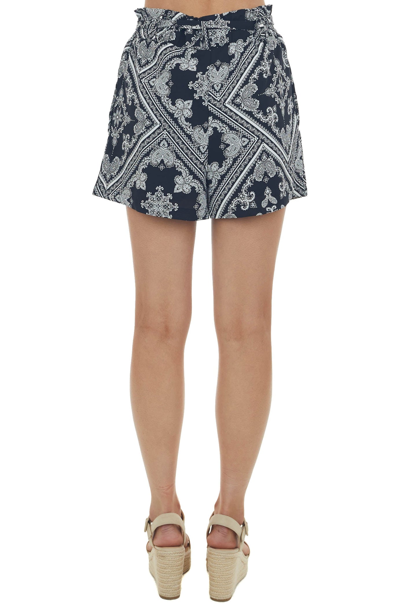 Black Paisley Print Elastic Waist Woven Shorts