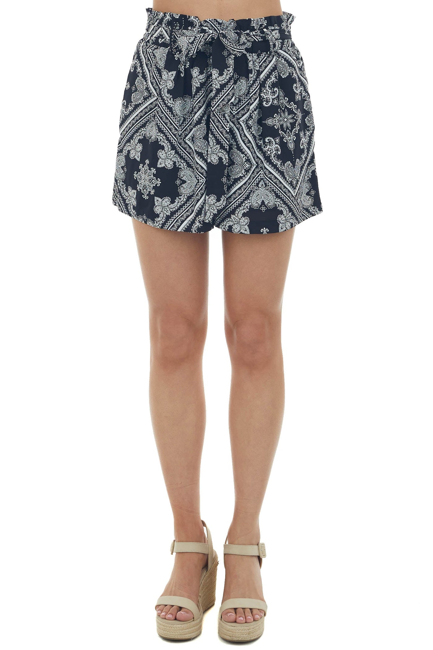 Black Paisley Print Elastic Waist Woven Shorts