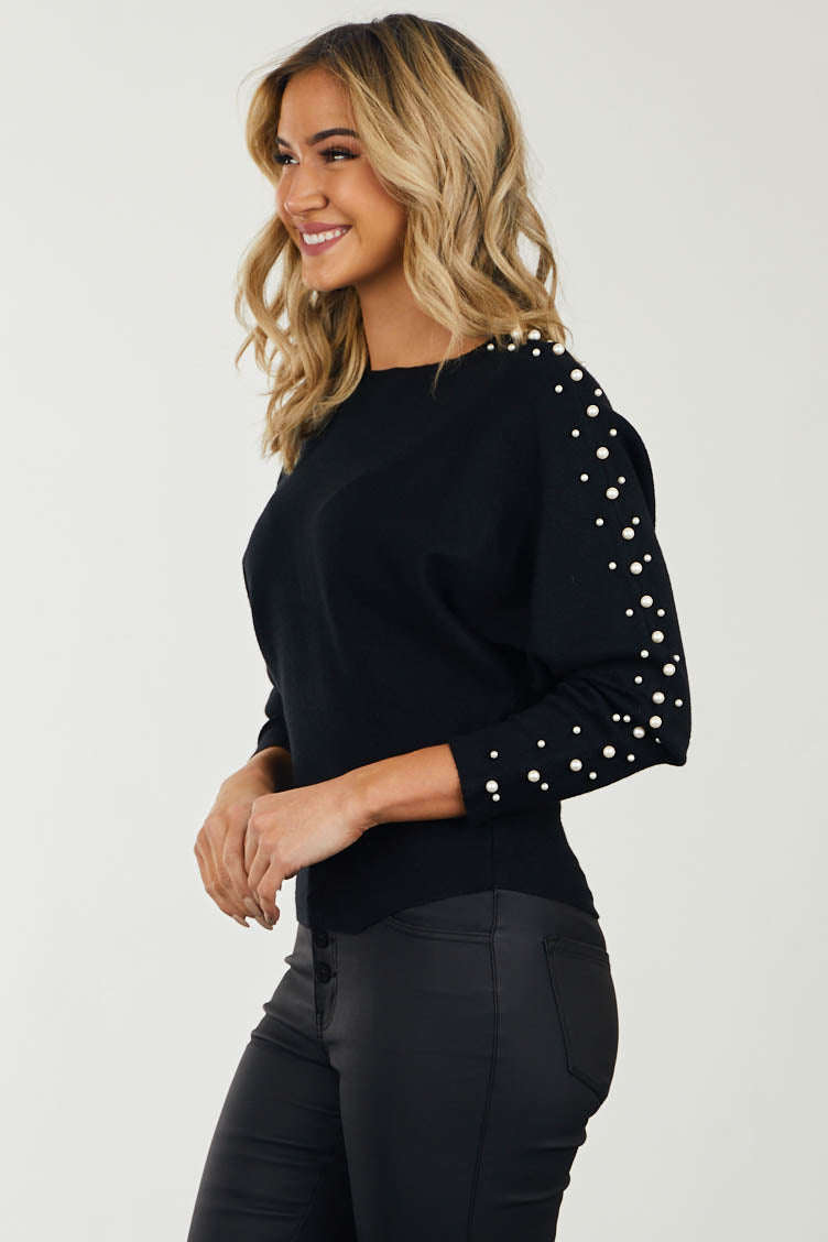 Black Pearl Studded Dolman Sleeve Knit Sweater