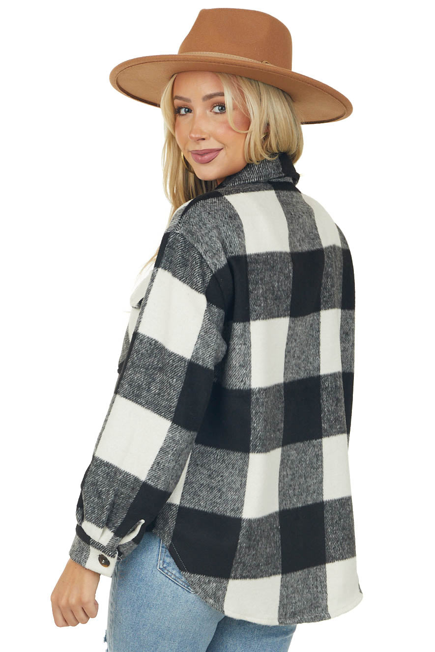 Black Plaid Brushed Button Down Shirt Jacket