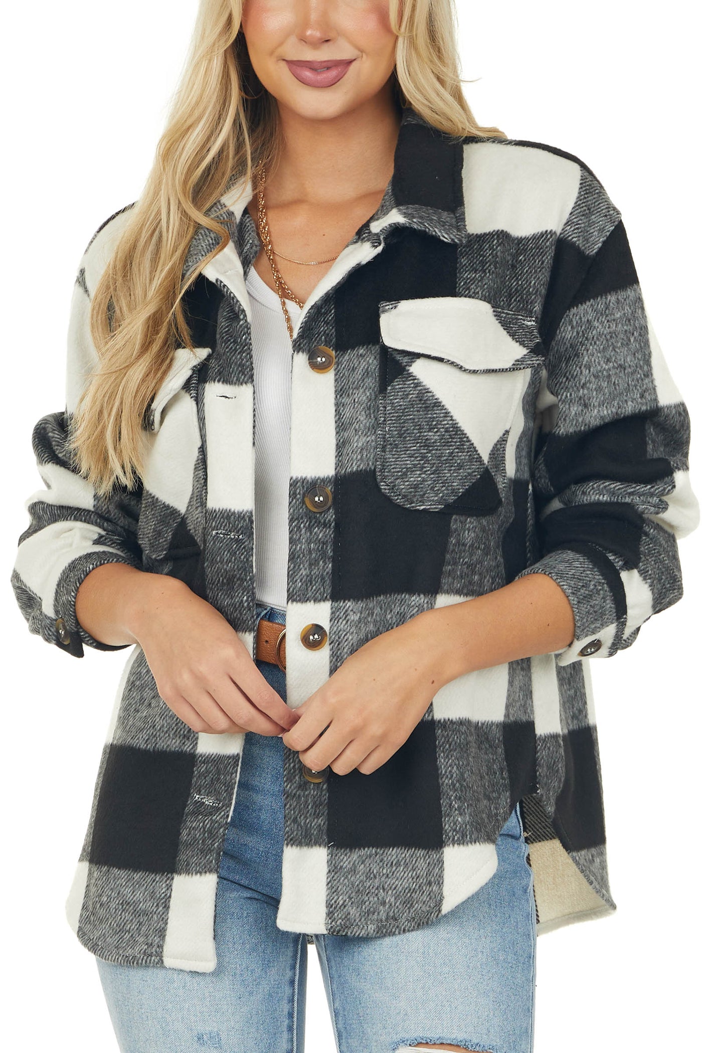 Black Plaid Brushed Button Down Shirt Jacket