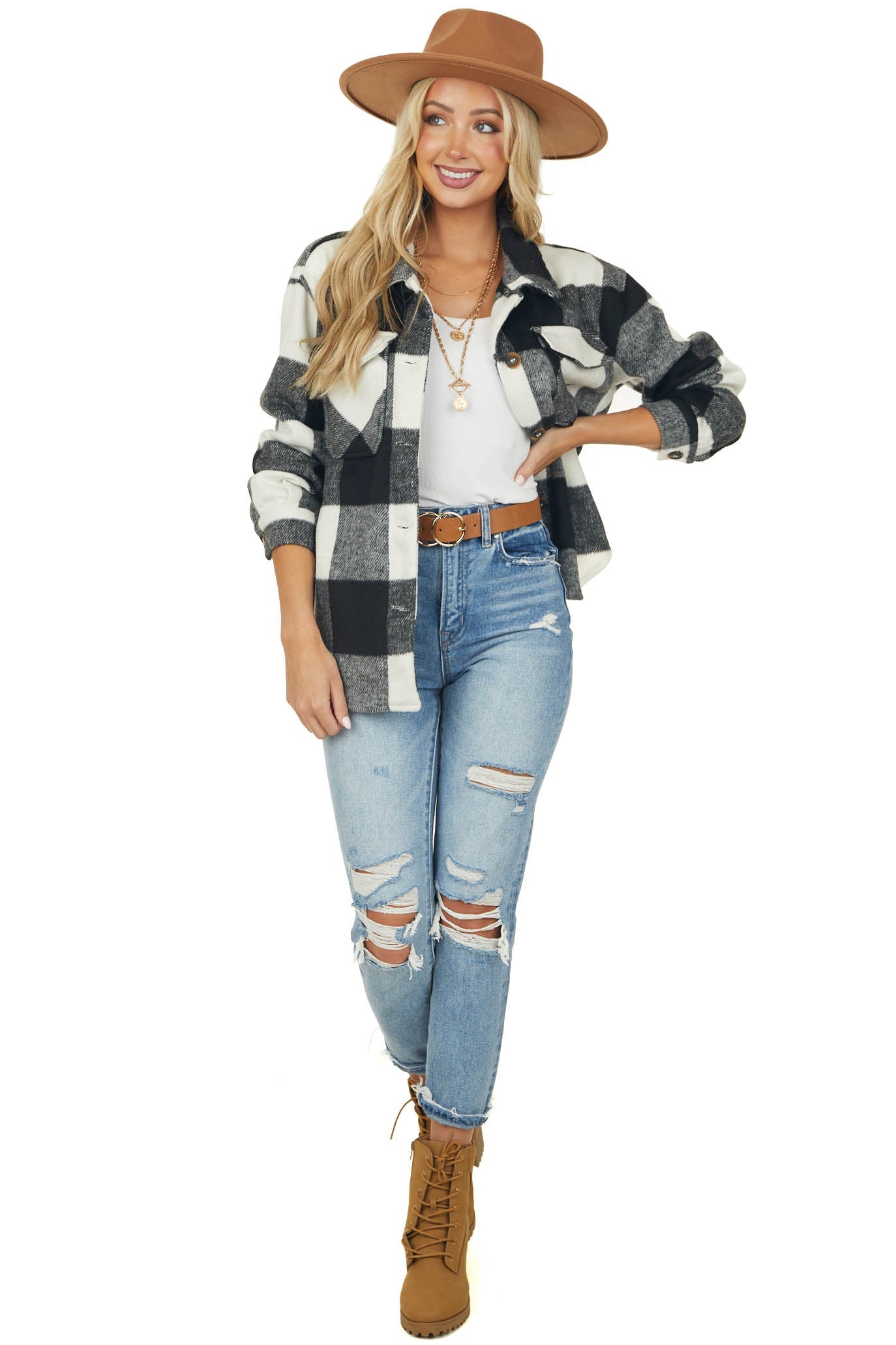 Black Plaid Brushed Button Down Shirt Jacket