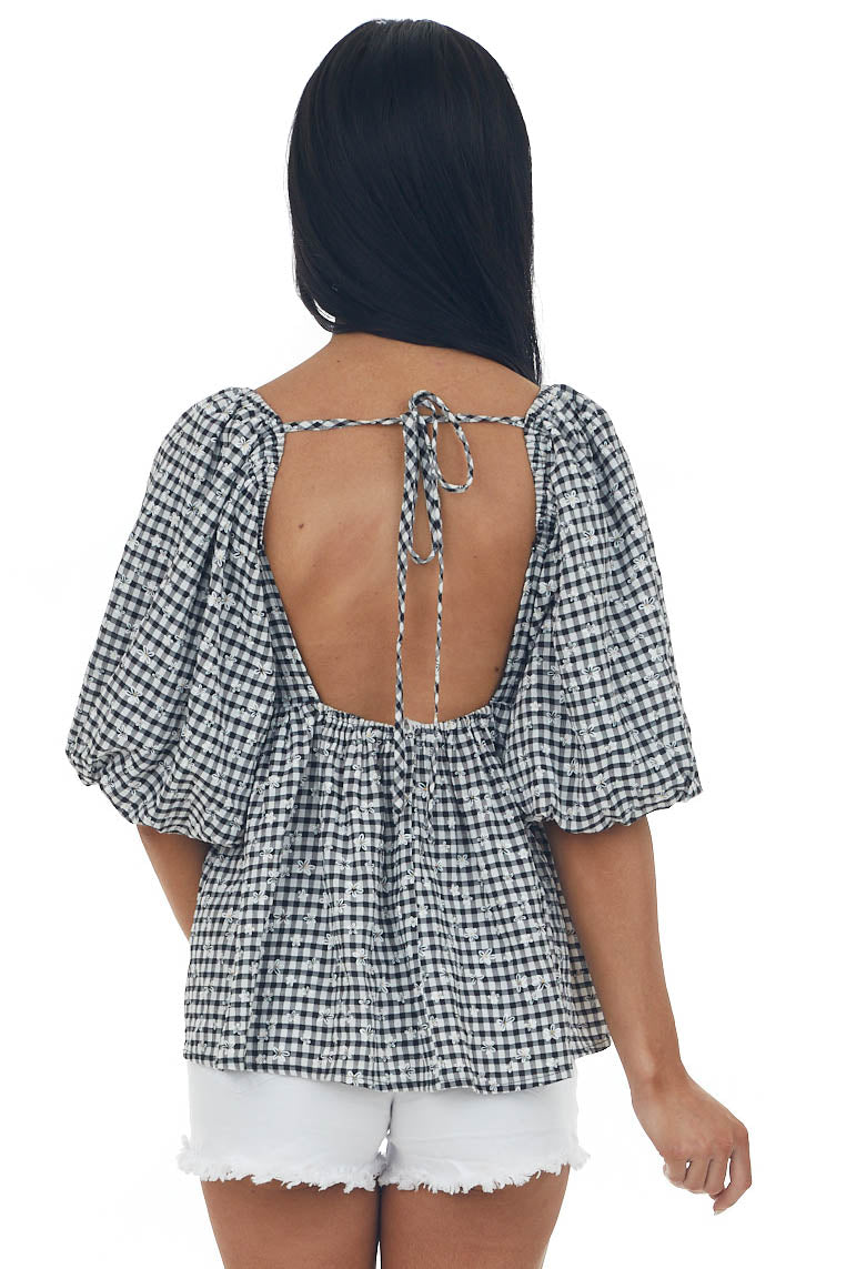 Black Plaid Bubble Sleeve Babydoll Blouse