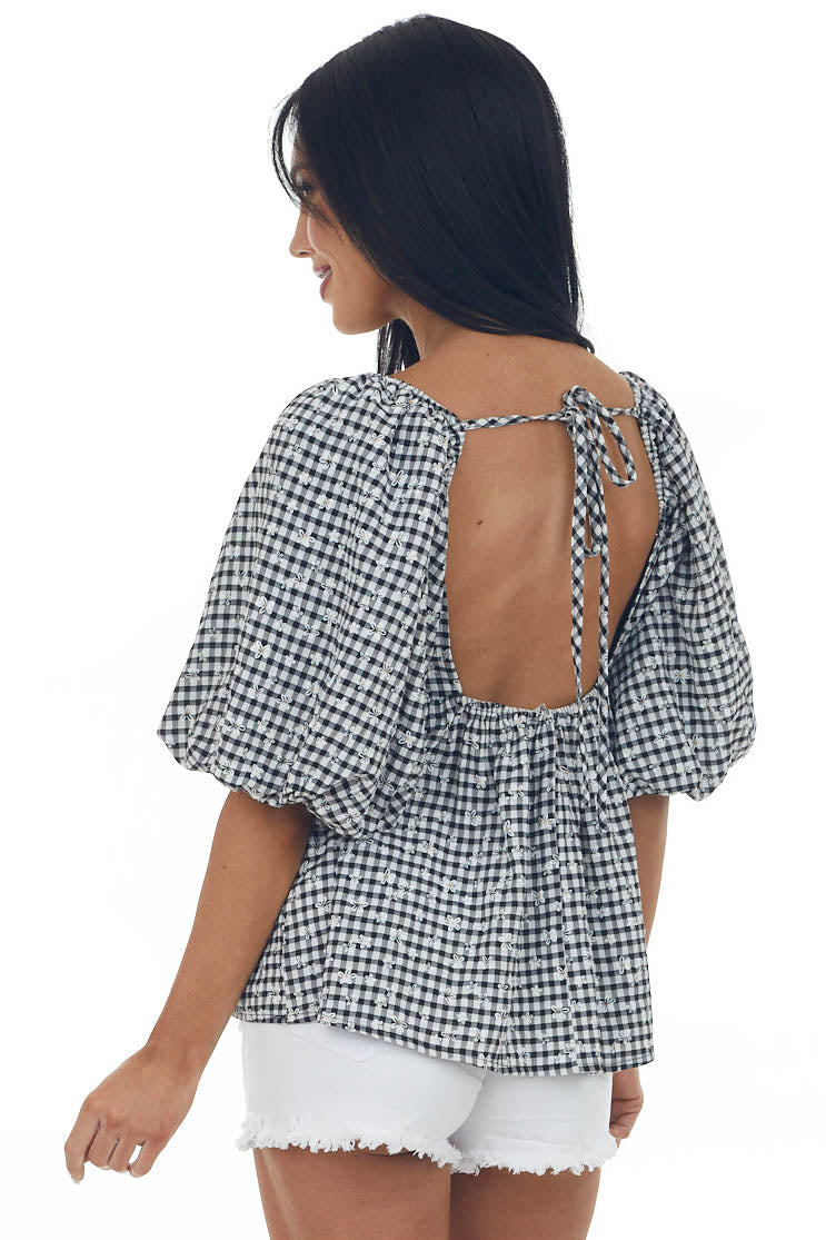Black Plaid Bubble Sleeve Babydoll Blouse