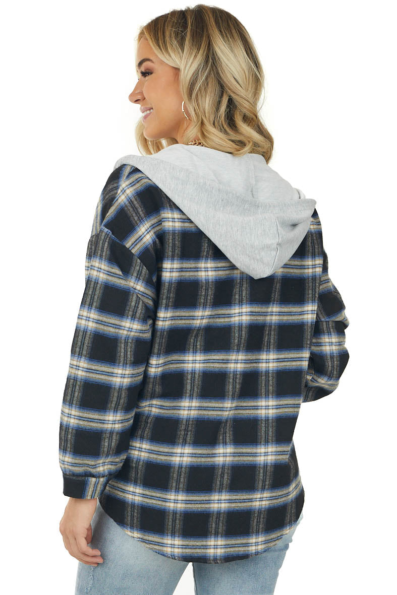 Black Plaid Drawstring Hooded Flannel Top