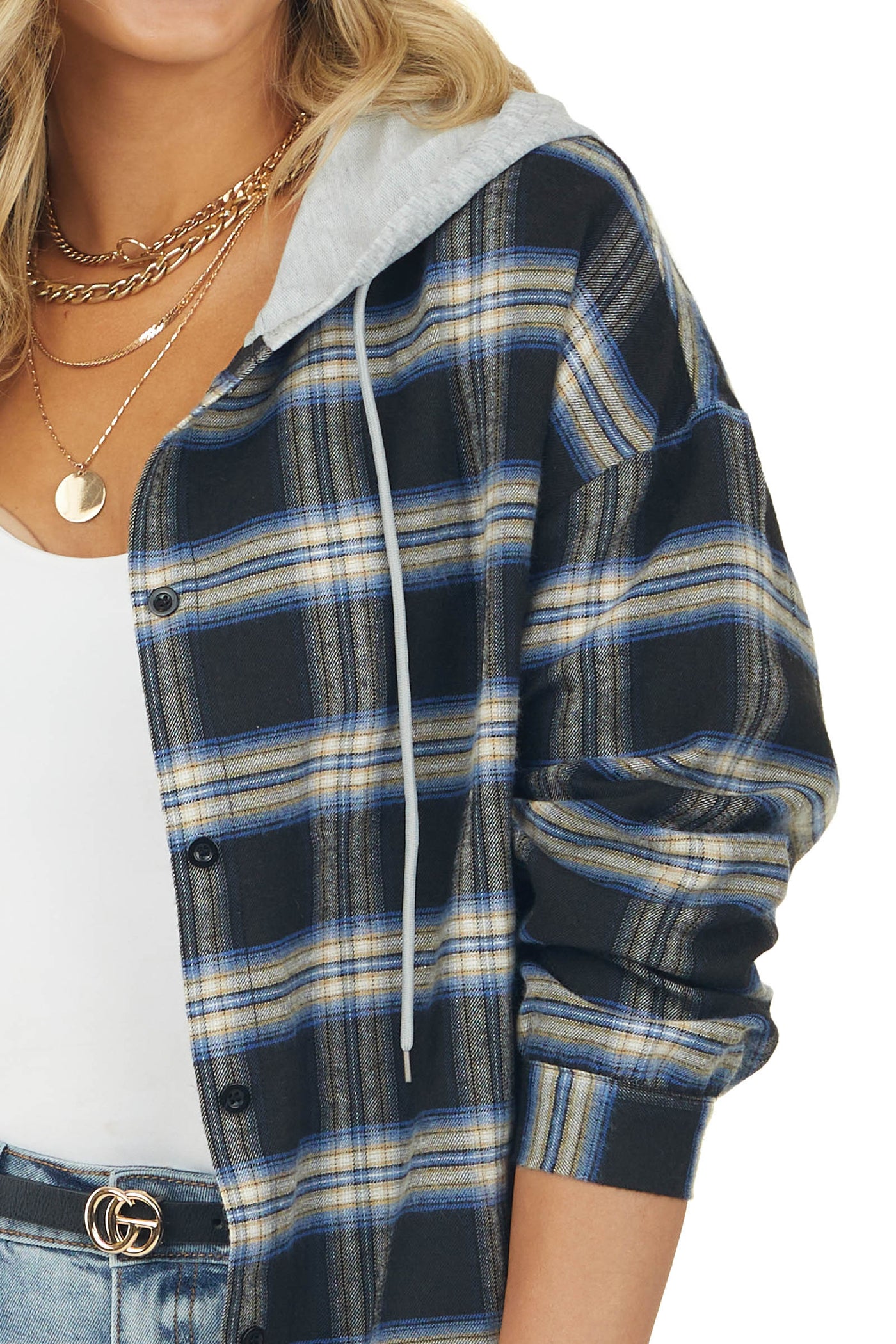 Black Plaid Drawstring Hooded Flannel Top