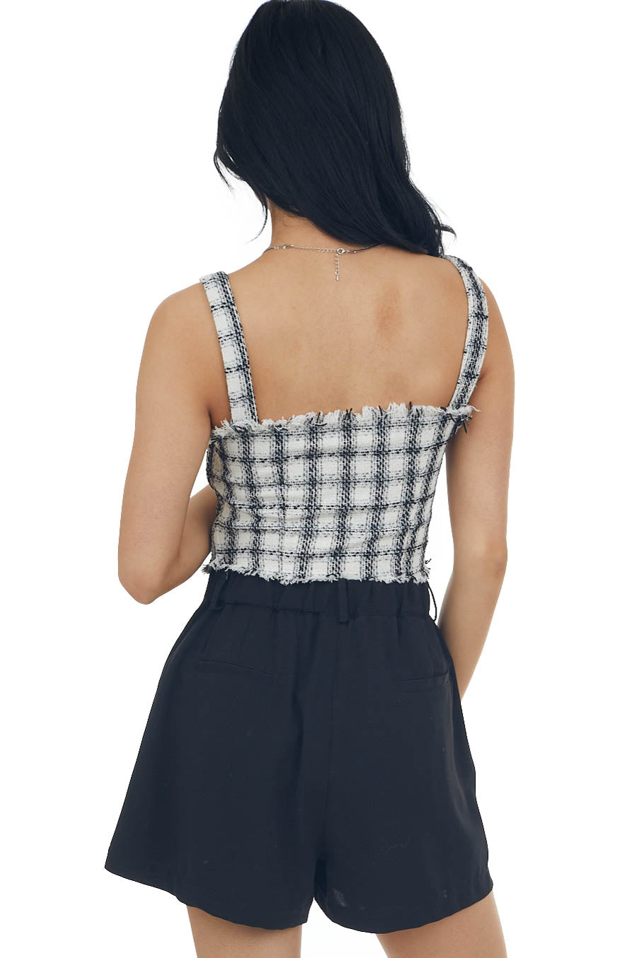 Black Plaid Metallic Raw Detail Tank Top