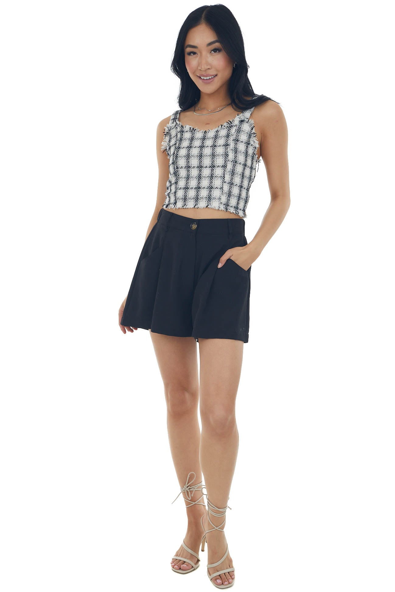 Black Plaid Metallic Raw Detail Tank Top